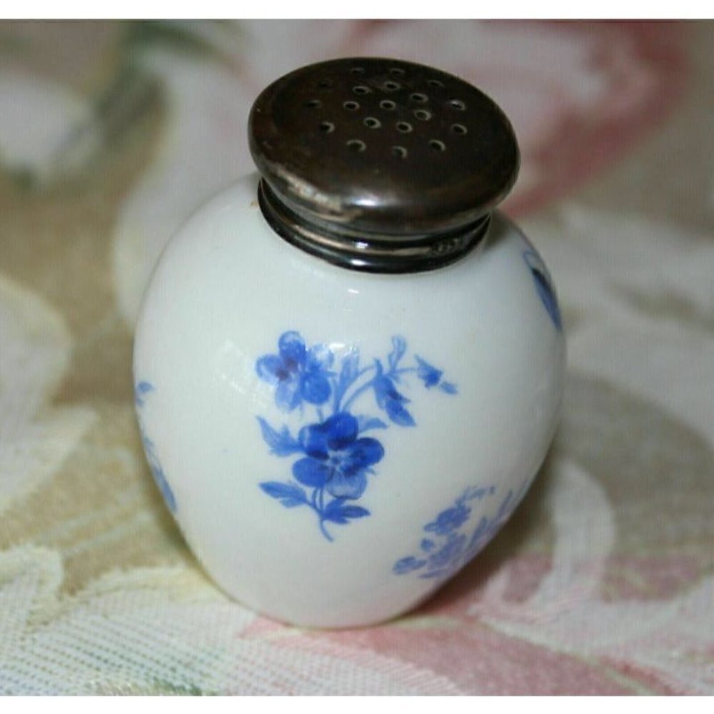 2 1/4" Tall Thomas Germany Vintage Salt Shaker Blue White Porcelain Silver Top
